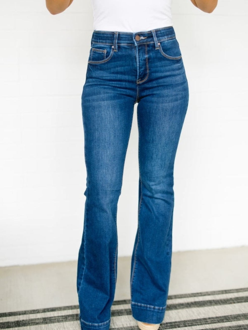 High-Rise Blue Flare Jeans - Classic Women's Wide Leg - Picture 3 of 7